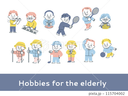 いろいろな趣味を楽しむシニアのイラストセット いろいろな趣味を楽しむシニアのイラストセット 115704002