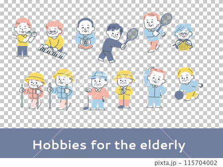 いろいろな趣味を楽しむシニアのイラストセット いろいろな趣味を楽しむシニアのイラストセット 115704002