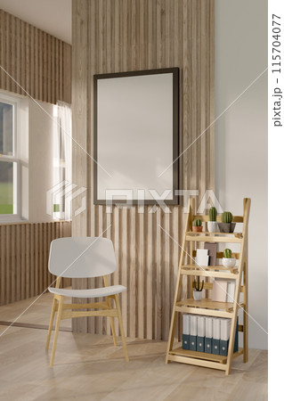 A minimalist Scandinavian room features a chair, wooden shelf, a picture frame mockup on a wood wall A minimalist Scandinavian room features a chair, wooden shelf, a picture frame mockup on a wood wall 115704077