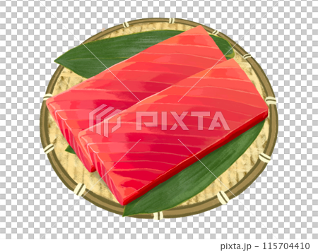 Tuna sashimi (saku) in a colander with bamboo leaves 115704410