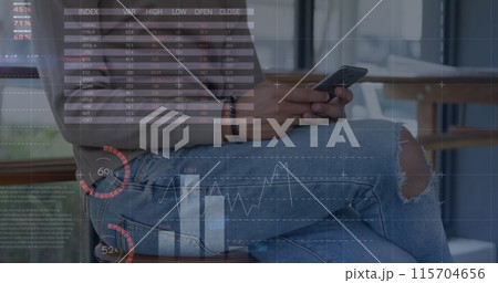 Image of statistics and data processing over man using smartphone 115704656