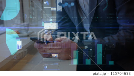 Image of statistics and data processing over man using smartphone 115704658