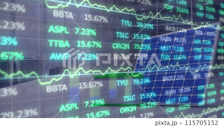 Image of financial data processing over cardboard boxes on conveyor belt in warehouse 115705152