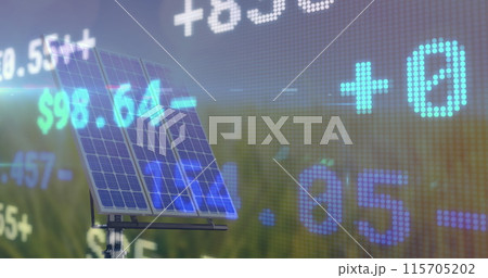 Image of financial data processing over solar panel Image of financial data processing over solar panel 115705202