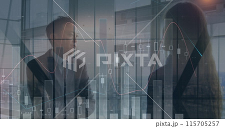 Image of financial graph over diverse businessmen and businesswoman talking 115705257