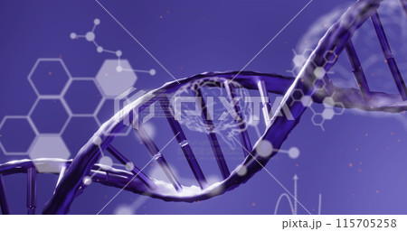 Medical data processing over dna structure spinning against blue background 115705258
