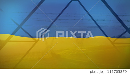 Image of flag of ukraine over field and electricity poles Image of flag of ukraine over field and electricity poles 115705279