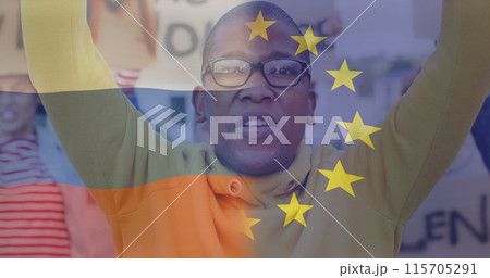 Image of flag of russia and european union over african american male protester Image of flag of russia and european union over african american male protester 115705291