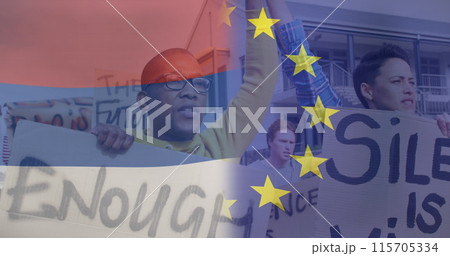 Image of flag of netherlands and european union over diverse female and male protesters Image of flag of netherlands and european union over diverse female and male protesters 115705334