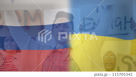 Image of flag of ukraine and russia over diverse female and male protesters 115705342