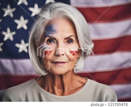 Portrait standing in front of a American flag background 4th of July Independence day celebration Portrait standing in front of a American flag background 4th of July Independence day celebration 115705478