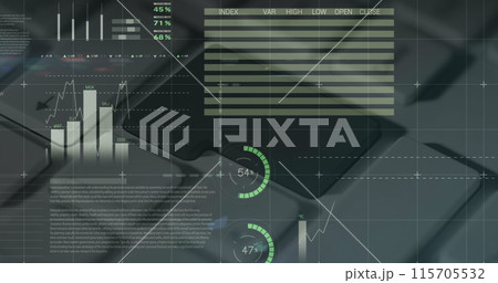 Image of data processing over computer keyboard on grey background Image of data processing over computer keyboard on grey background 115705532