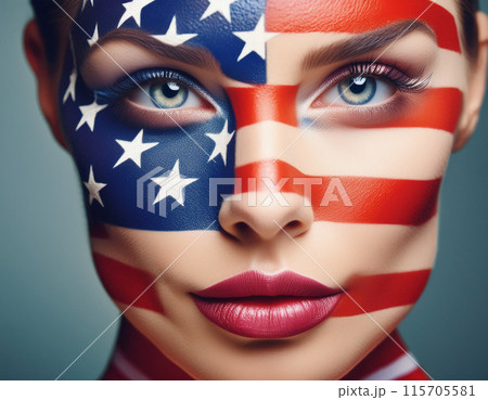Portrait standing in front of a American flag background 4th of July Independence day celebration 115705581