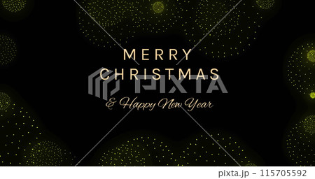 Image of merry christmas and a happy new year text over shapes and fireworks on black backrgound Image of merry christmas and a happy new year text over shapes and fireworks on black backrgound 115705592
