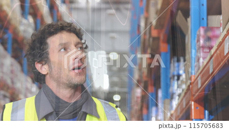 Image of data processing over man working in warehouse Image of data processing over man working in warehouse 115705683