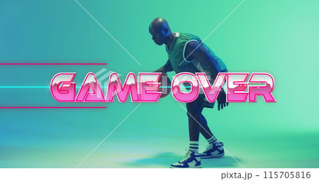 Image of game over text over neon pattern and african american basketball player Image of game over text over neon pattern and african american basketball player 115705816