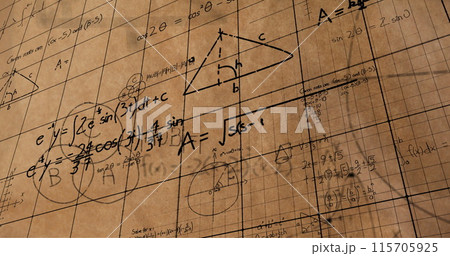 Math equations and figures animate on a screen with square patterns for back to school 4k. 115705925