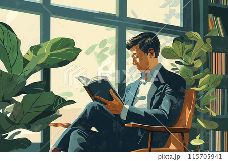 お洒落なカフェで本を読むビジネスマン お洒落なカフェで本を読むビジネスマン 115705941