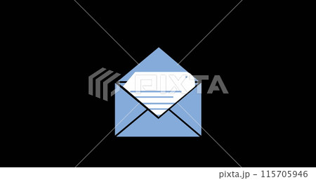 Digital image of a blue message envelope opening to a note inside against a black background 4k 115705946