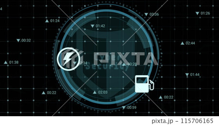 Digital icons over cyber security text and barcode scanner on round scanner against black background Digital icons over cyber security text and barcode scanner on round scanner against black background 115706165