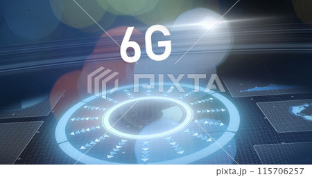 Image of 6g text, data processing and scopes scanning on screens over glowing light Image of 6g text, data processing and scopes scanning on screens over glowing light 115706257