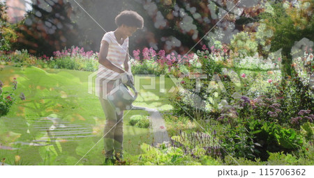 Composite image of tall trees against african american woman watering plants in the garden 115706362