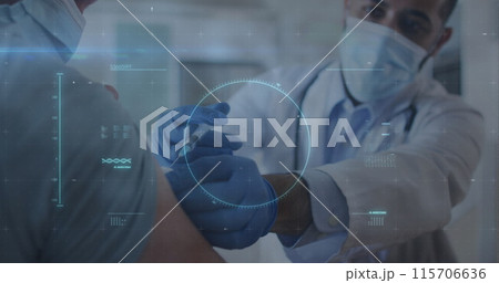 Image of digital interface and covid cell with masked doctor vaccinating patient 115706636