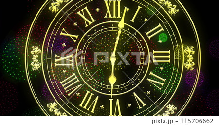 Image of clock showing midnight and fireworks exploding on black background 115706662
