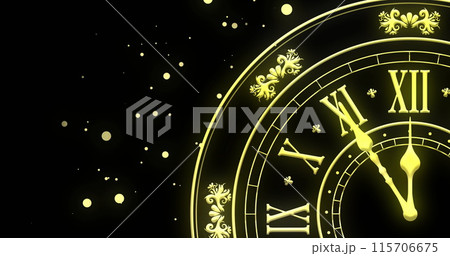 Image of clock showing midnight and fireworks exploding on black background Image of clock showing midnight and fireworks exploding on black background 115706675