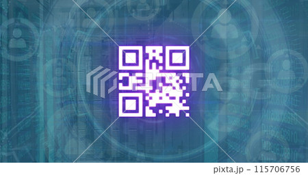 Image of qr code and scanner processing data over network of people icons 115706756