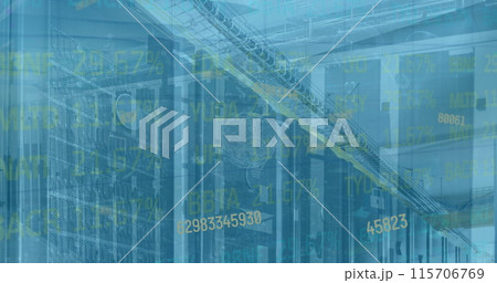 Image of graphs and charts on interface with data processing over computer server room 115706769