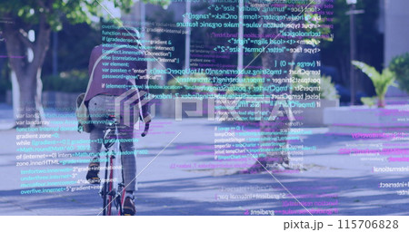 Image of data processing over african american businessman riding bike Image of data processing over african american businessman riding bike 115706828