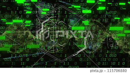 A digital interface with a world map is shown with data being processed in the background A digital interface with a world map is shown with data being processed in the background 115706880