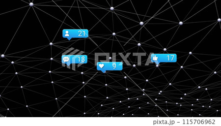 Image of social media icons and numbers over connections on black background Image of social media icons and numbers over connections on black background 115706962