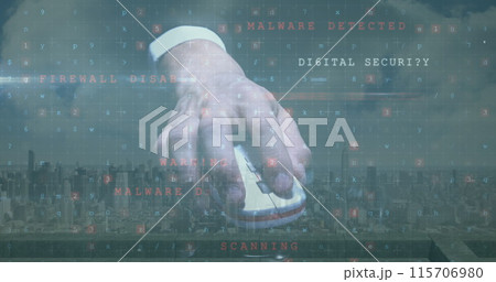 Image of cyber attack warning with hand holding computer mouse over cityscape Image of cyber attack warning with hand holding computer mouse over cityscape 115706980