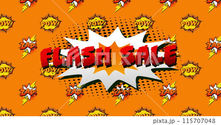Flash Sale promo with "Pow!" & "Zap!" on retro comic bubbles, orange background. Flash Sale promo with "Pow!" & "Zap!" on retro comic bubbles, orange background. 115707048