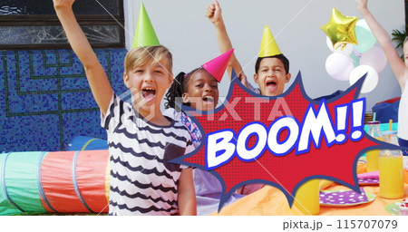 Boom! text in retro bubble over kids at a vintage-themed birthday party. 115707079