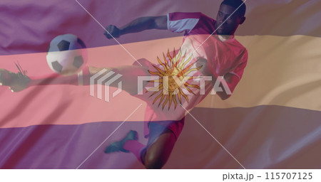Image of african american male soccer player over flag of argentina Image of african american male soccer player over flag of argentina 115707125