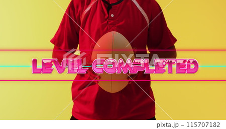 Image of level completed text over female rugby player on neon background Image of level completed text over female rugby player on neon background 115707182
