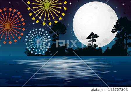 Fireworks Over Moonlit Lake 115707308