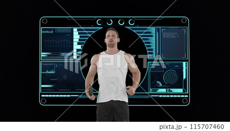 Image of male discus thrower with scope scanning and data processing Image of male discus thrower with scope scanning and data processing 115707460