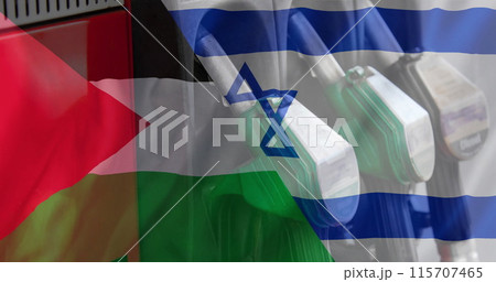 Image of oil petrol pumps over flag of israel and palestine 115707465