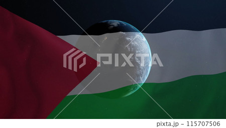 Image of globe over flag of palestine 115707506