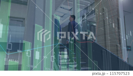 Statistical data processing against two caucasian businessmen walking up the stairs at office Statistical data processing against two caucasian businessmen walking up the stairs at office 115707523