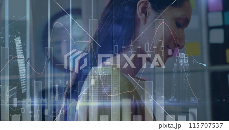 Composite image of statistical data processing against caucasian businesswoman working at office Composite image of statistical data processing against caucasian businesswoman working at office 115707537