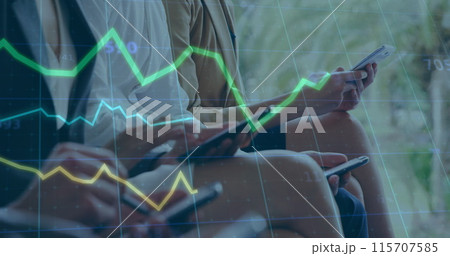 Image of data processing over diverse group of business people using smartphone 115707585