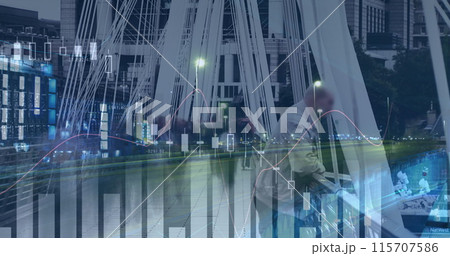 Image of financial data processing over busy city 115707586