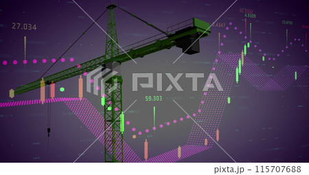 Image of crane at construction site, financial data processing and statistics Image of crane at construction site, financial data processing and statistics 115707688