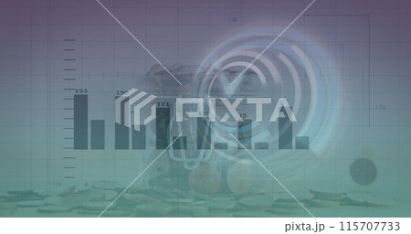 Image of financial data processing and clock moving over coins on white background Image of financial data processing and clock moving over coins on white background 115707733