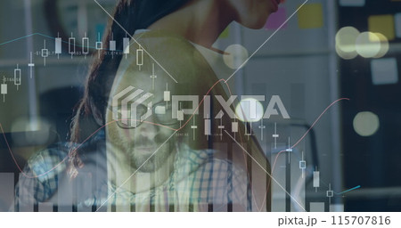 Statistical data processing and caucasian businesswoman and caucasian man working at office 115707816